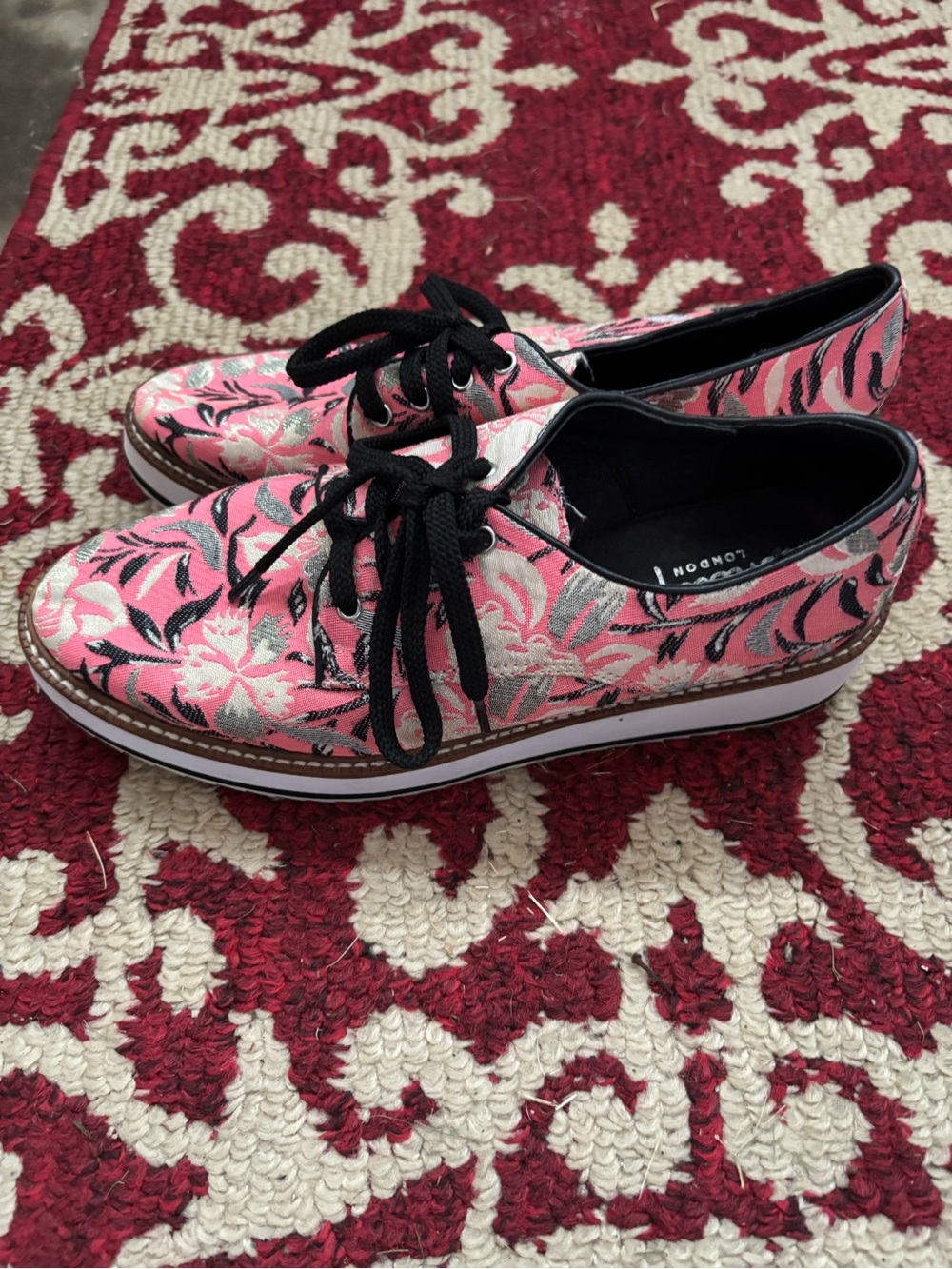 Shelly’s of London Pink Floral Tapestry Lace-Up Platform Sneakers